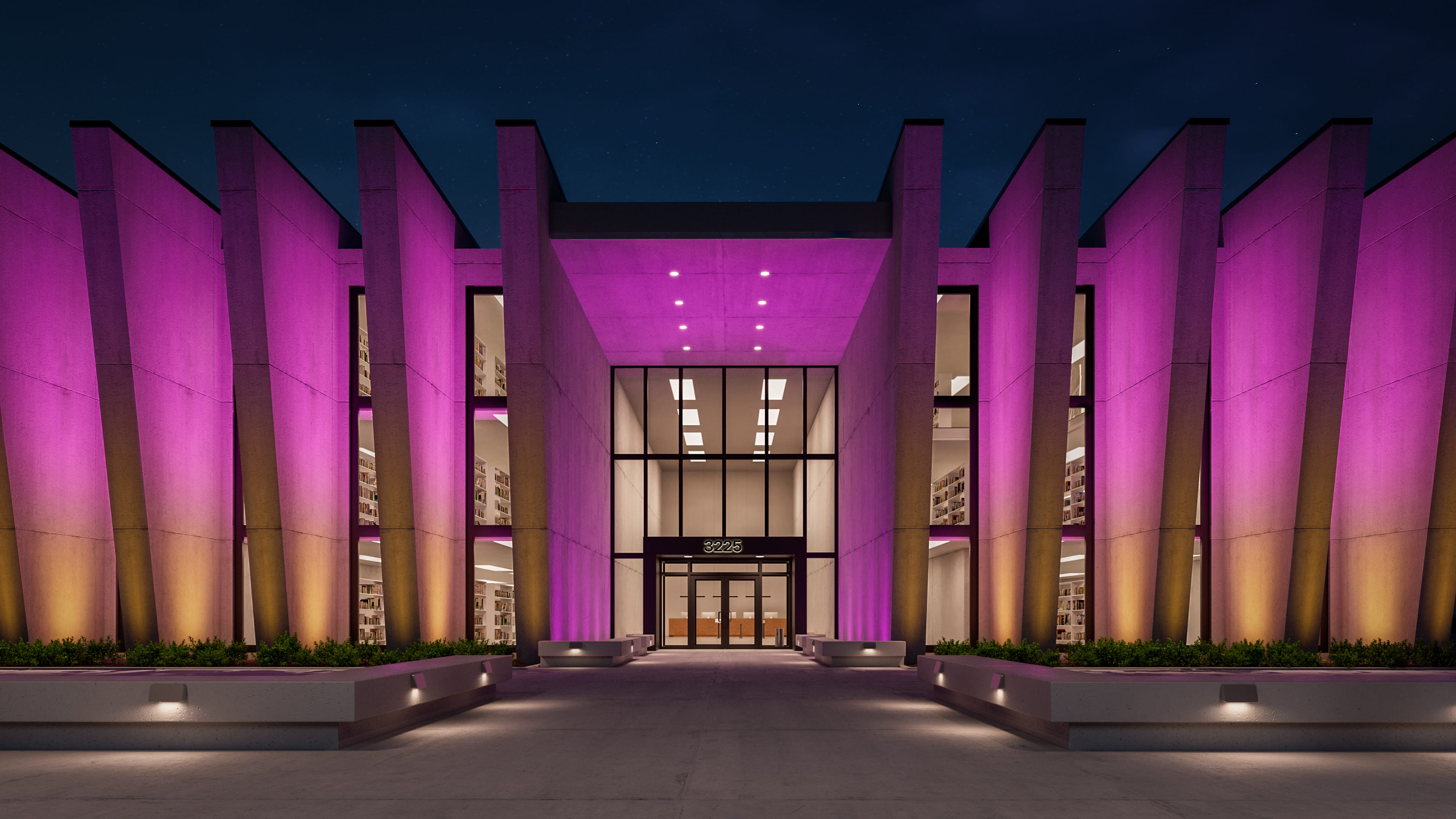 SAF Aurora floodlights light the outside of a library
