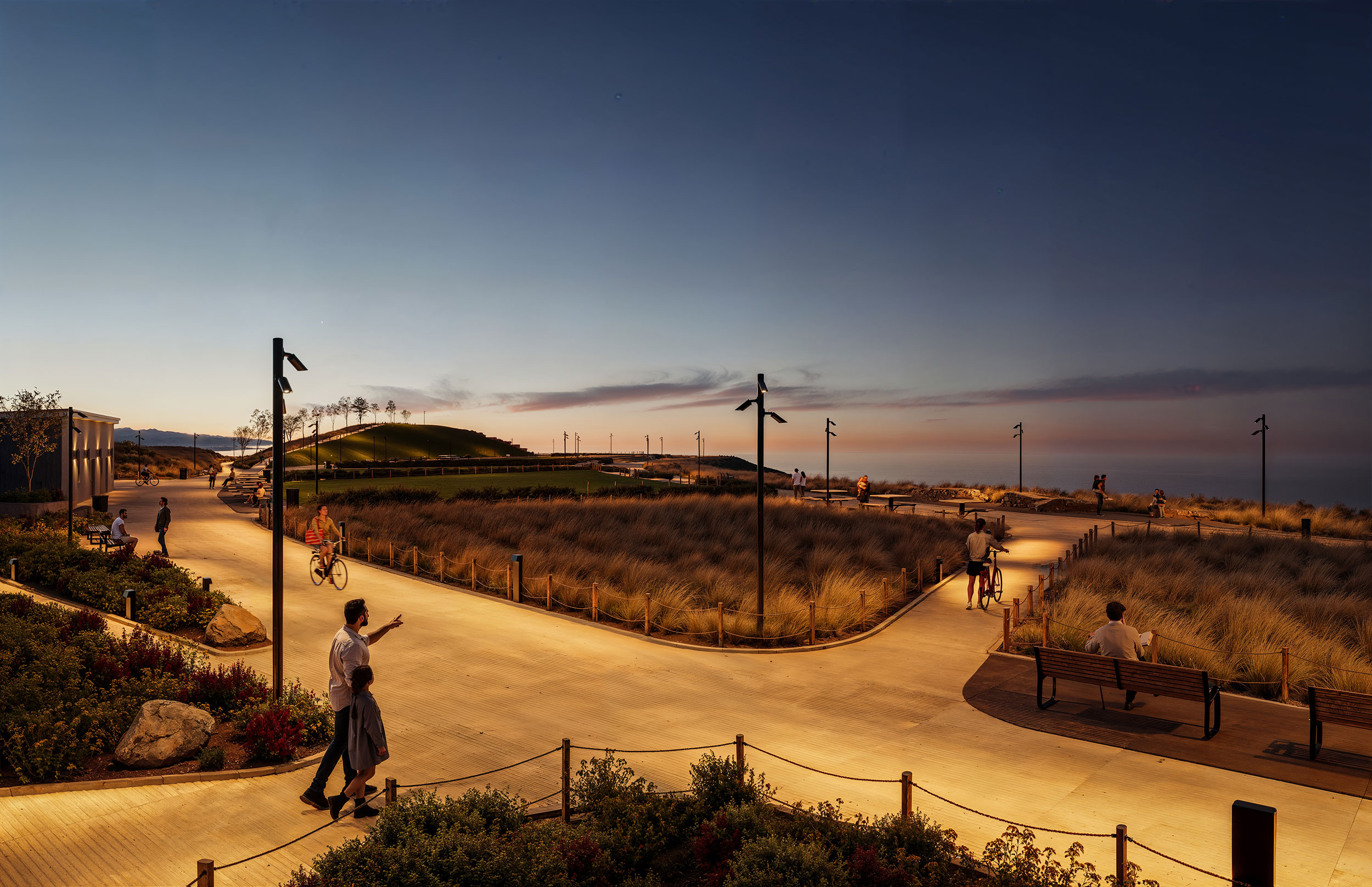 People walking in a park with Wander lighting