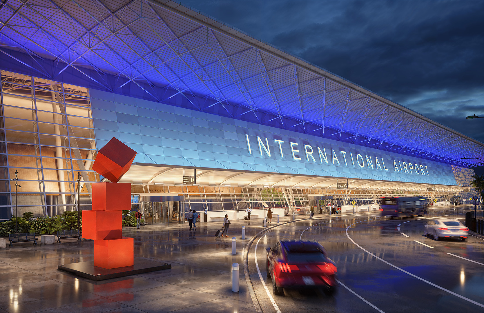 Hydrel illuminates outside of international airport terminal