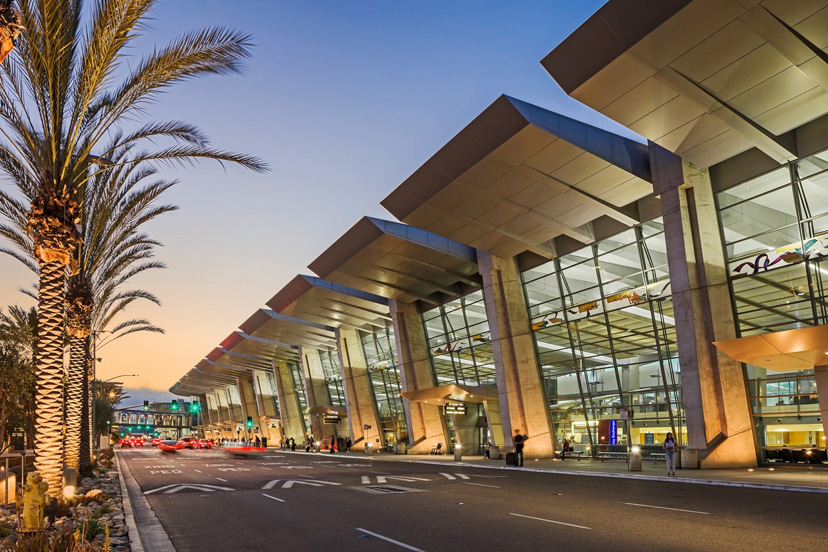 Airport drop-off area lit up with Hydrel luminaires
