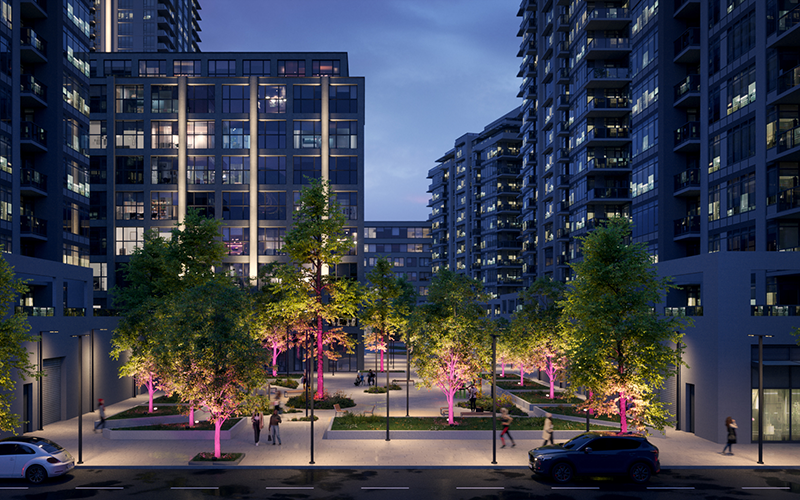 Accent tree lighting in urban condo courtyard